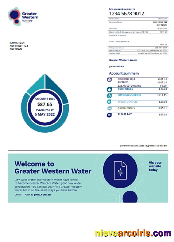 Australia Greater Western Water utility bill